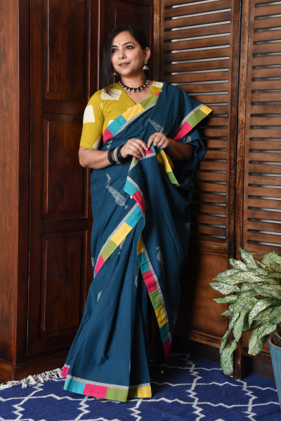 BROAD MULTICOLOR TEAL PATCHWORK COTTON SAREE
