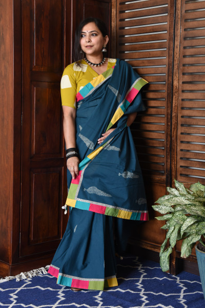 BROAD MULTICOLOR TEAL PATCHWORK COTTON SAREE