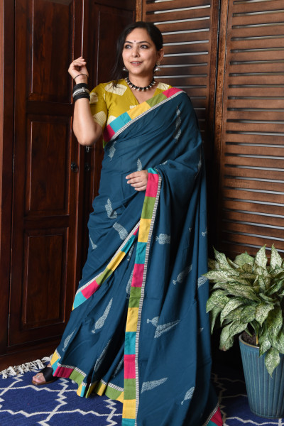 BROAD MULTICOLOR TEAL PATCHWORK COTTON SAREE