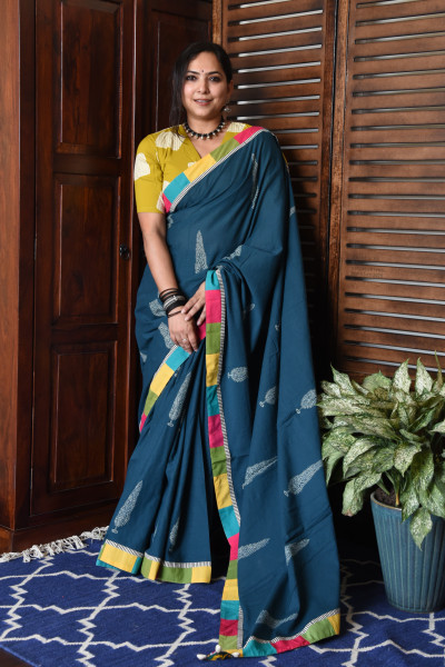 BROAD MULTICOLOR TEAL PATCHWORK COTTON SAREE