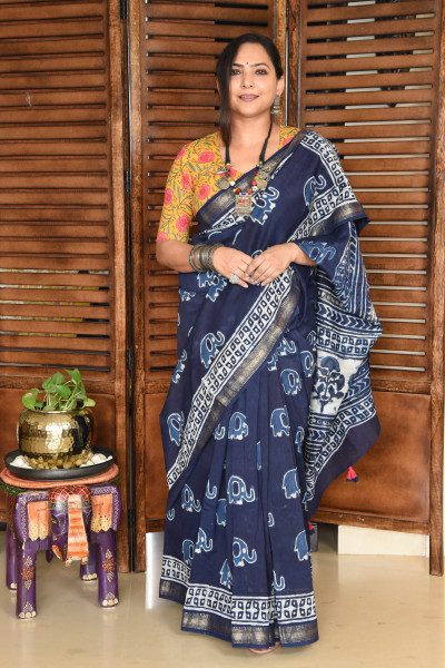 ELEPHANT INDIGO COTTON SILK SAREE