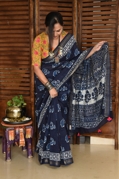 ELEPHANT INDIGO COTTON SILK SAREE
