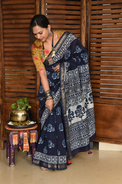 ELEPHANT INDIGO COTTON SILK SAREE