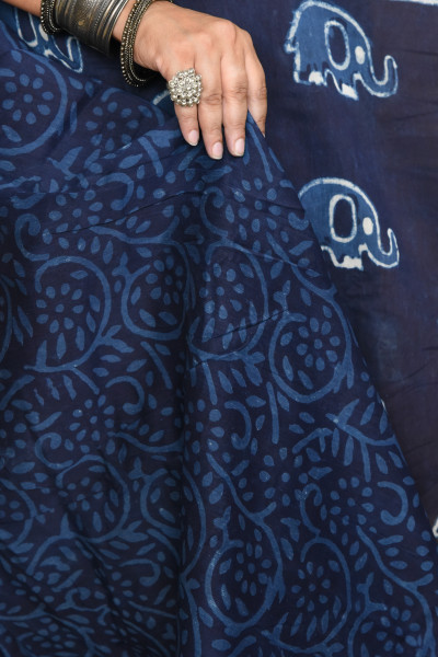 ELEPHANT INDIGO COTTON SILK SAREE