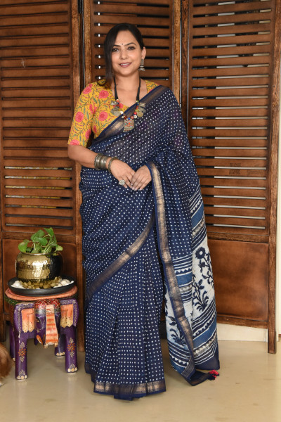 SMALL DOT INDIGO COTTON SILK SAREE