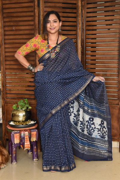 SMALL DOT INDIGO COTTON SILK SAREE