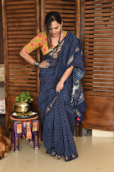 SMALL DOT INDIGO COTTON SILK SAREE