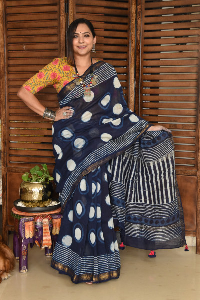 BIG CIRCLE INDIGO COTTON SILK SAREE