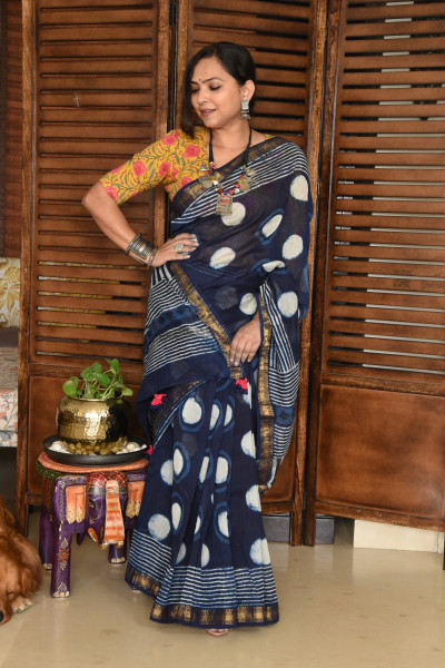 BIG CIRCLE INDIGO COTTON SILK SAREE