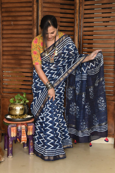 ZIG ZAG INDIGO COTTON SILK SAREE