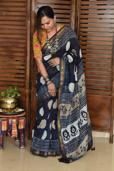 2 DOTS INDIGO COTTON SAREE
