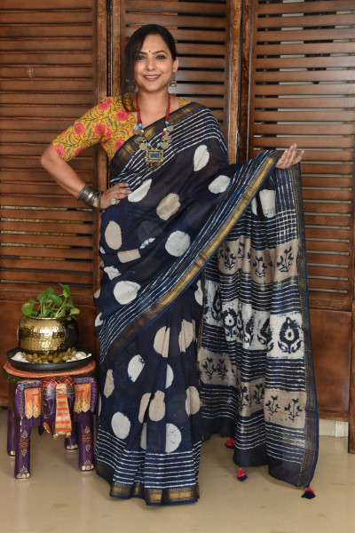 2 DOTS INDIGO COTTON SAREE