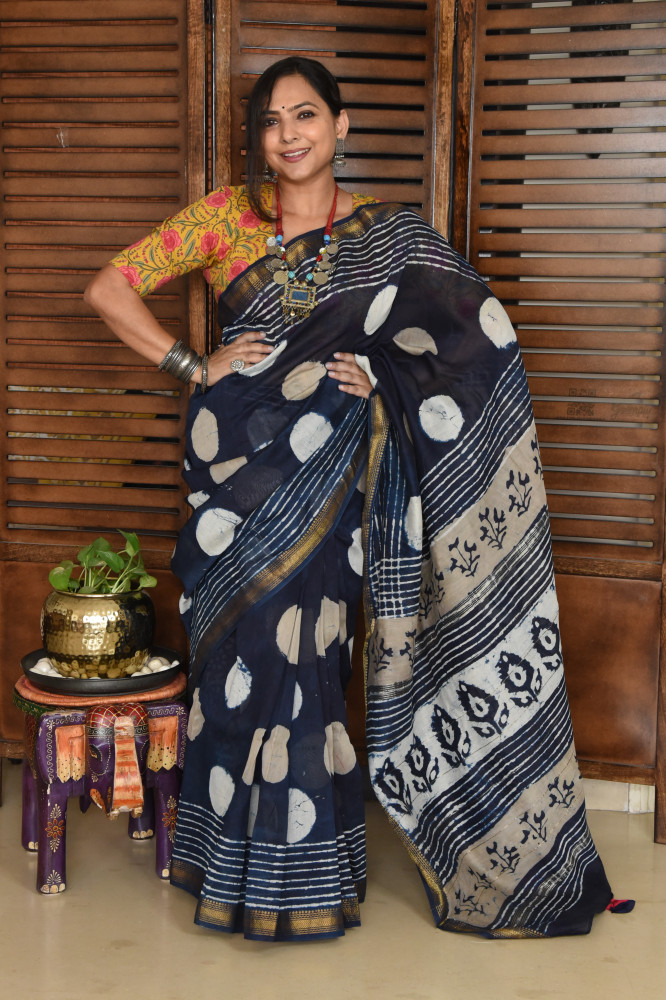 Image of 2 DOTS INDIGO COTTON SAREE