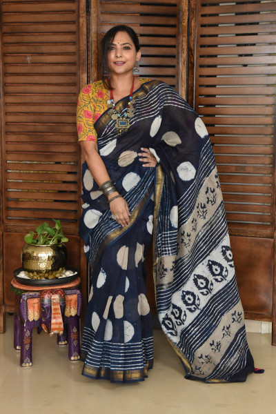 2 DOTS INDIGO COTTON SAREE
