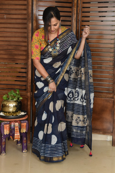 2 DOTS INDIGO COTTON SAREE