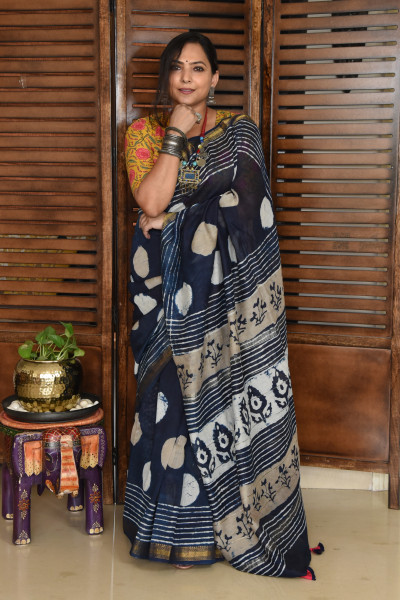 2 DOTS INDIGO COTTON SAREE