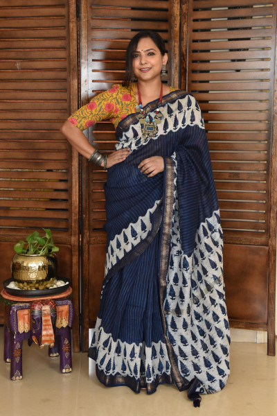 PINE TREE INDIGO COTTON SILK SAREE