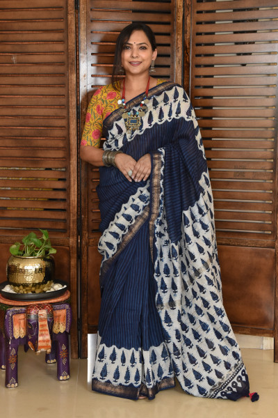 PINE TREE INDIGO COTTON SILK SAREE
