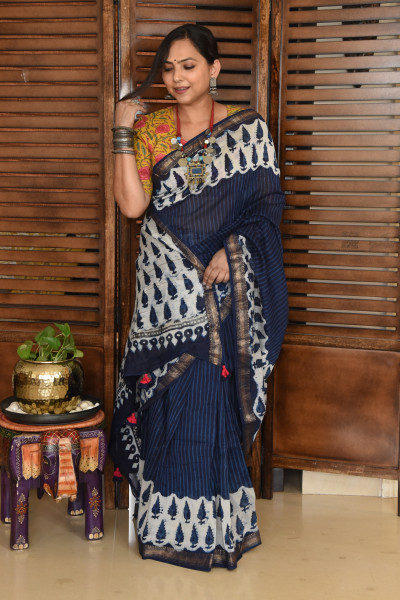 PINE TREE INDIGO COTTON SILK SAREE