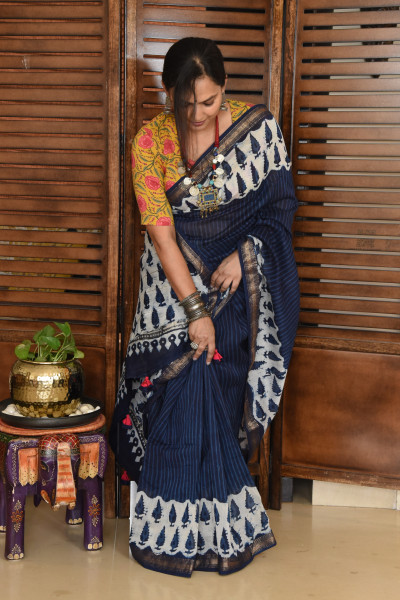 PINE TREE INDIGO COTTON SILK SAREE
