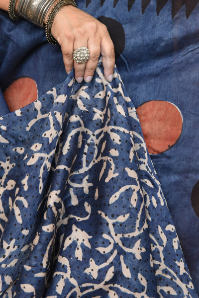 RED BLACK DOT DISTRESS INDIGO COTTON SILK SAREE