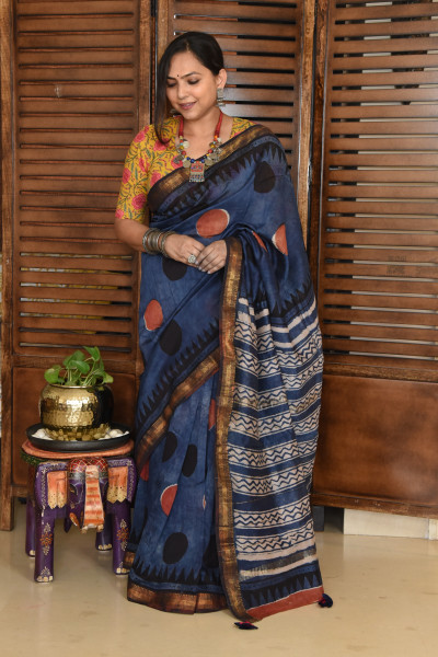 RED BLACK DOT DISTRESS INDIGO COTTON SILK SAREE