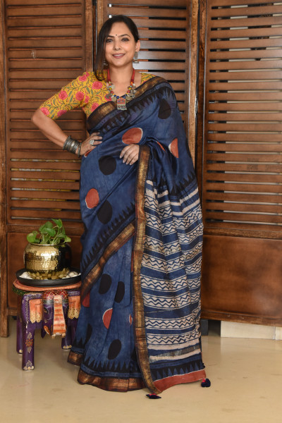 RED BLACK DOT DISTRESS INDIGO COTTON SILK SAREE