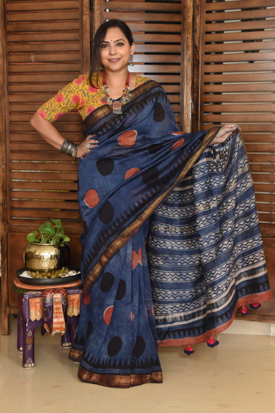 RED BLACK DOT DISTRESS INDIGO COTTON SILK SAREE