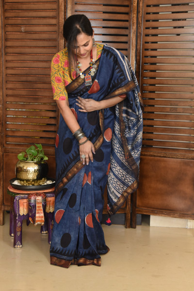RED BLACK DOT DISTRESS INDIGO COTTON SILK SAREE