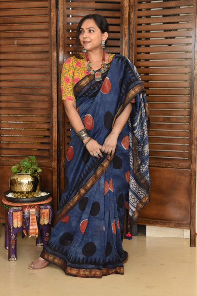 RED BLACK DOT DISTRESS INDIGO COTTON SILK SAREE