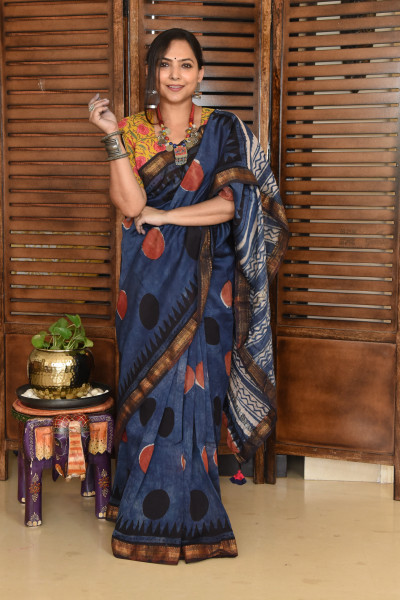 RED BLACK DOT DISTRESS INDIGO COTTON SILK SAREE