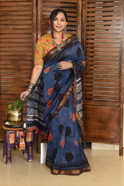 RED BLACK DOT DISTRESS INDIGO COTTON SILK SAREE