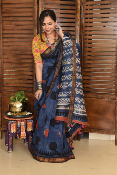 RED BLACK DOT DISTRESS INDIGO COTTON SILK SAREE