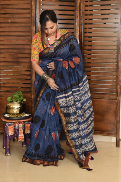 RED BLACK DOT DISTRESS INDIGO COTTON SILK SAREE