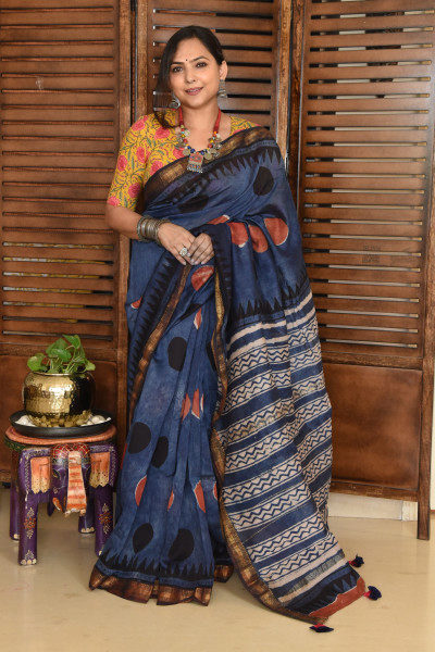 RED BLACK DOT DISTRESS INDIGO COTTON SILK SAREE