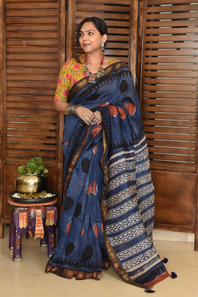 RED BLACK DOT DISTRESS INDIGO COTTON SILK SAREE