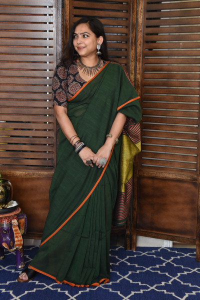 GREEN BENGAL COTTON SAREEE WITH GHICHA PALLA