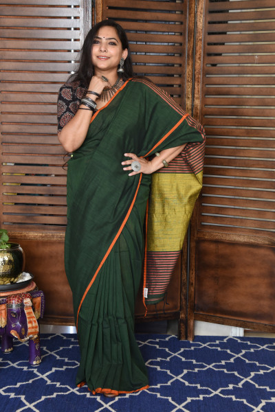 GREEN BENGAL COTTON SAREEE WITH GHICHA PALLA
