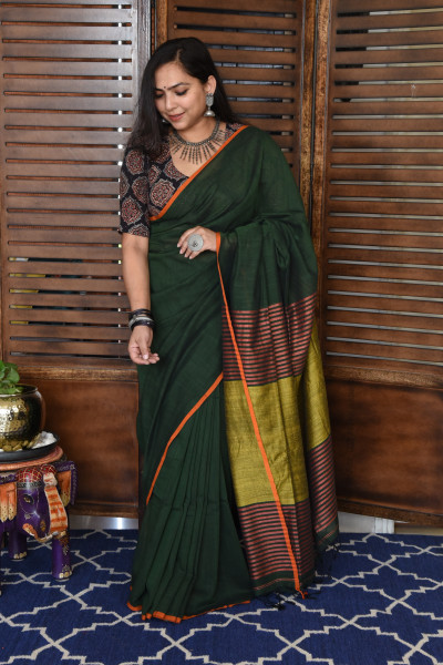 GREEN BENGAL COTTON SAREEE WITH GHICHA PALLA