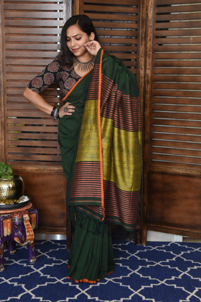 GREEN BENGAL COTTON SAREEE WITH GHICHA PALLA