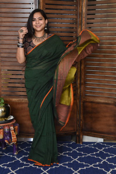 GREEN BENGAL COTTON SAREEE WITH GHICHA PALLA