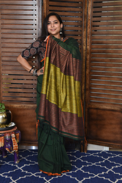 GREEN BENGAL COTTON SAREEE WITH GHICHA PALLA