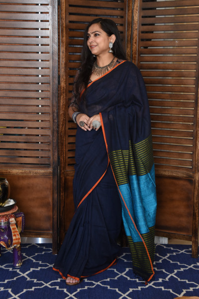 ROYAL BLUE BENGAL COTTON SAREEE WITH GHICHA PALLA