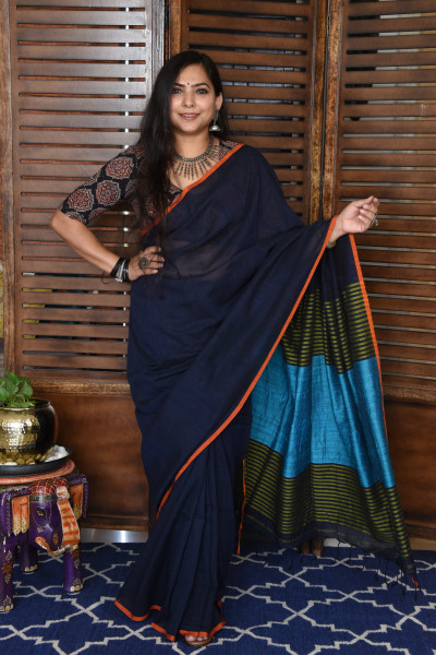 ROYAL BLUE BENGAL COTTON SAREEE WITH GHICHA PALLA