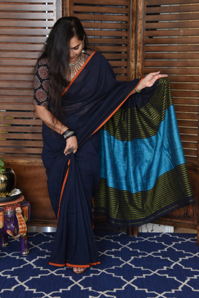 ROYAL BLUE BENGAL COTTON SAREEE WITH GHICHA PALLA