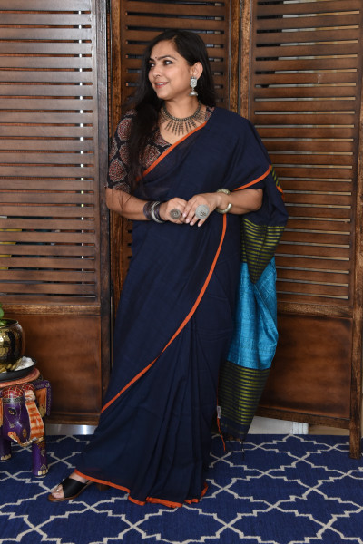 ROYAL BLUE BENGAL COTTON SAREEE WITH GHICHA PALLA