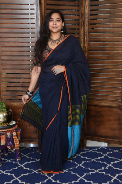 ROYAL BLUE BENGAL COTTON SAREEE WITH GHICHA PALLA