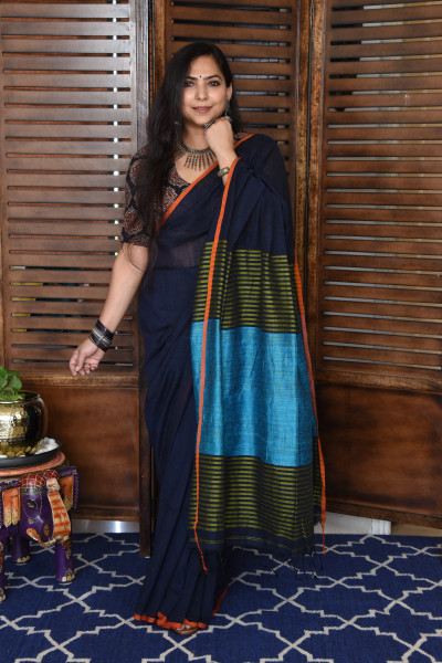 ROYAL BLUE BENGAL COTTON SAREEE WITH GHICHA PALLA