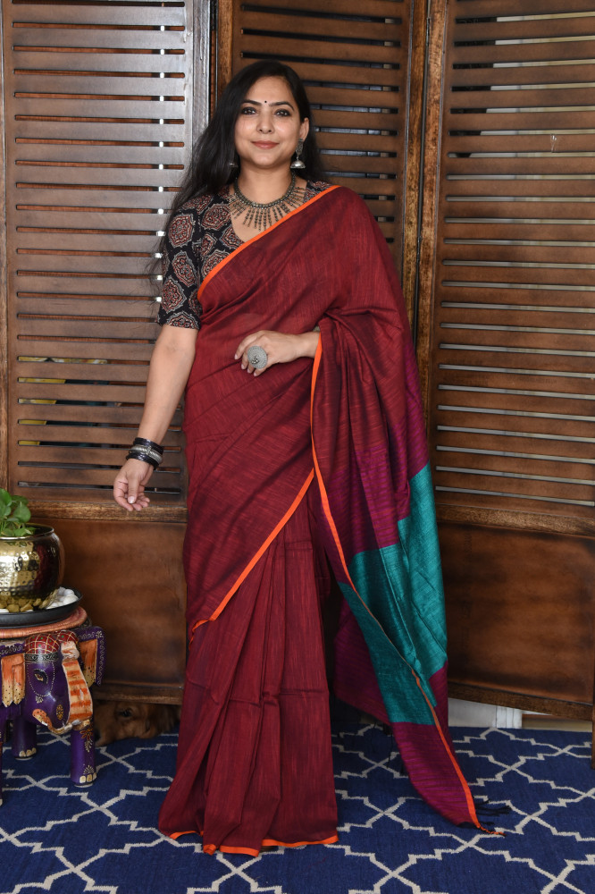 Image of RED BENGAL COTTON SAREEE WITH GHICHA PALLA