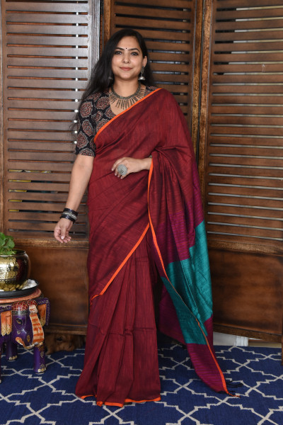 RED BENGAL COTTON SAREEE WITH GHICHA PALLA